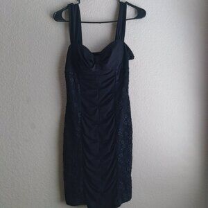 Vintage Y2K Love Tease Black Ruched Floral Lace Bodycon Mini Dress Size 9